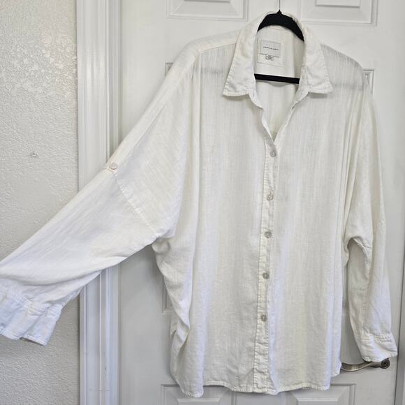 Women’s Linen Blend Button Down Shirt Oversize Tunic White L Boho Gothic Coastal - Picture 3 of 8